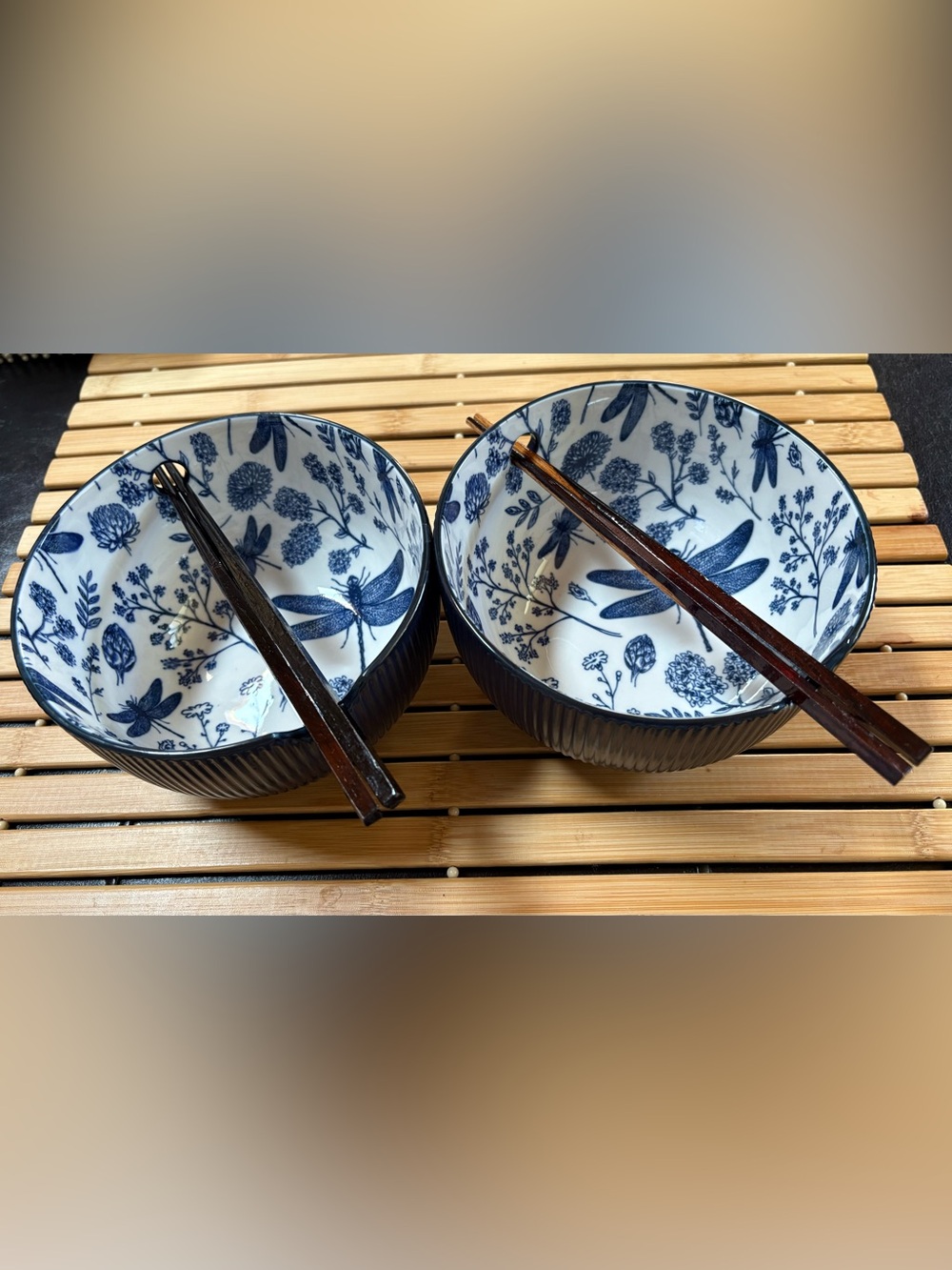 NWOT Market Finds Blue & White Dragonfly Ceramic Bowls Set of 2 with Chopsticks